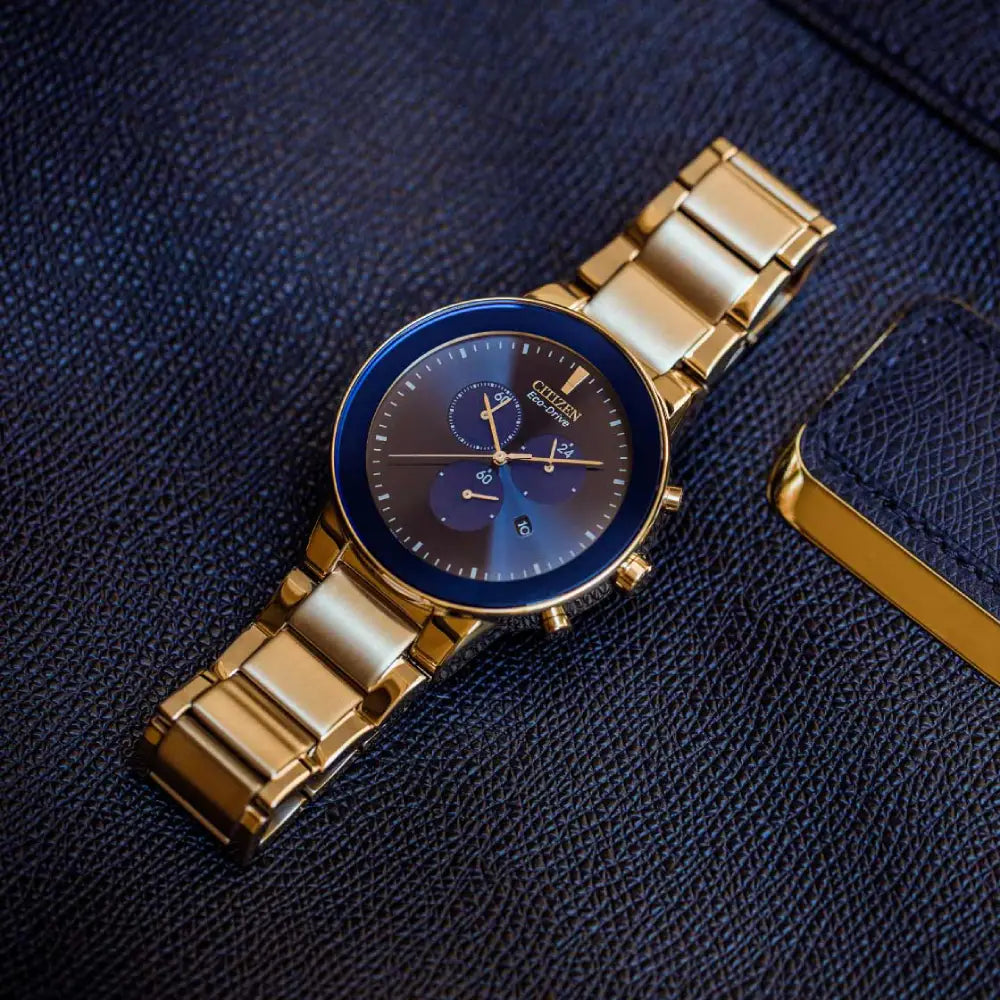 Citizen Eco Drive Chronograph AT2243-87L Blue Dial Two Tone Rose Gold 43mm Stainless Steel Men's Watch
