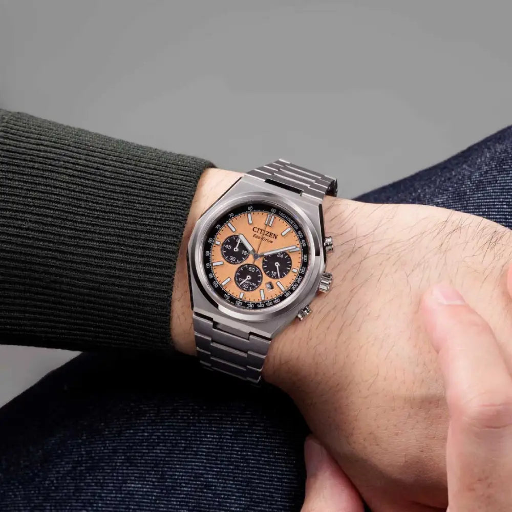 Citizen Zenshin Chronograph Eco-Drive CA4610-85Z Salmon Dial 42.5mm Titanium Men's Watch