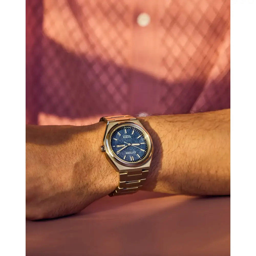Citizen Zenshin AW0130-85L Eco-Drive Analog Day-Date Blue Dial 39mm Super Titanium Men's Watch